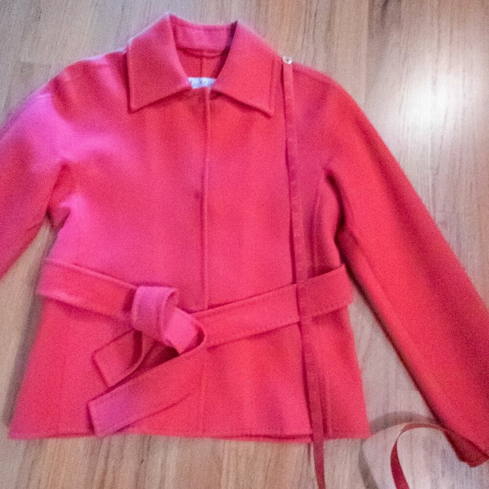 Max Mara Cucito A Mano Cashgora Wool Angora Belted Jacket Coral Sz 8 - Picture 12 of 16